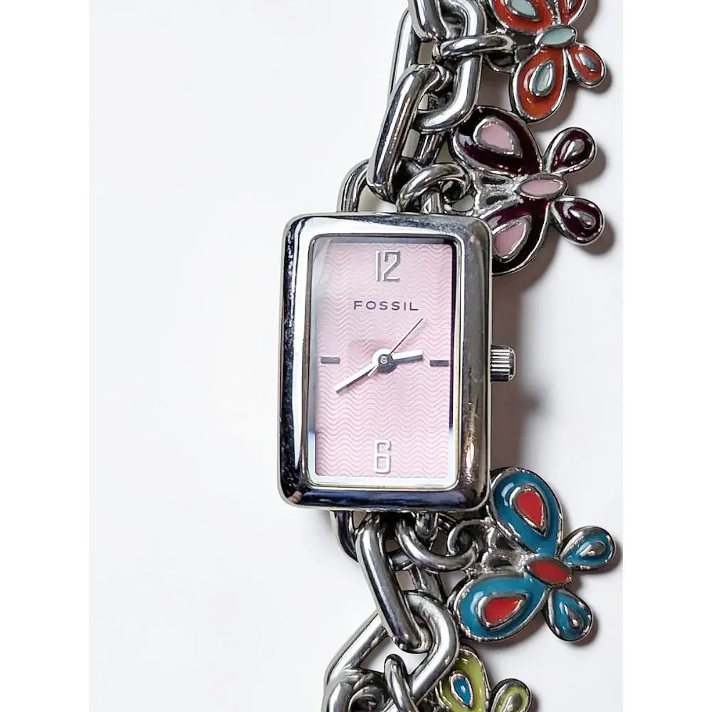 Y2K 90'S FOSSIL Enamel BUTTERFLY Charm Bracelet Watch